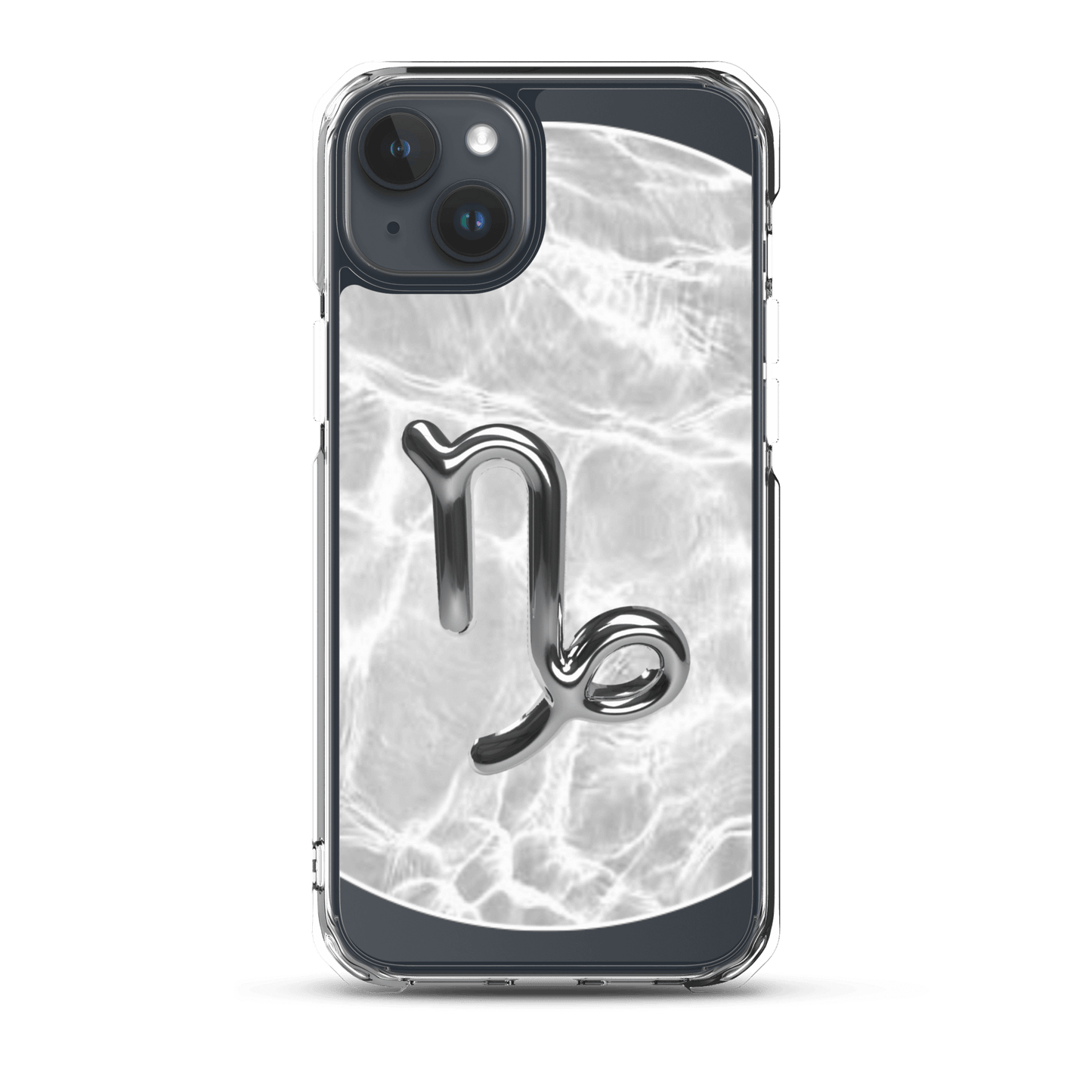 Zodiac Capricorn Magsafe Clear iPhone Case with metallic design over marble pattern, combining style and protection.