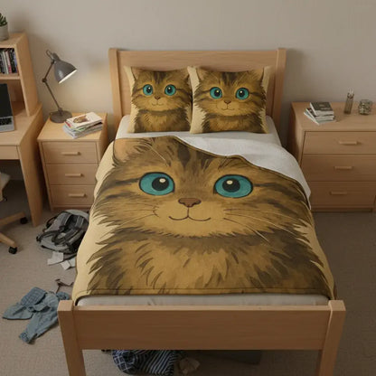 Cartoon Pet Pillow – Custom Illustration from Your Pet’s Photo with a fluffy cat design on bed linens.