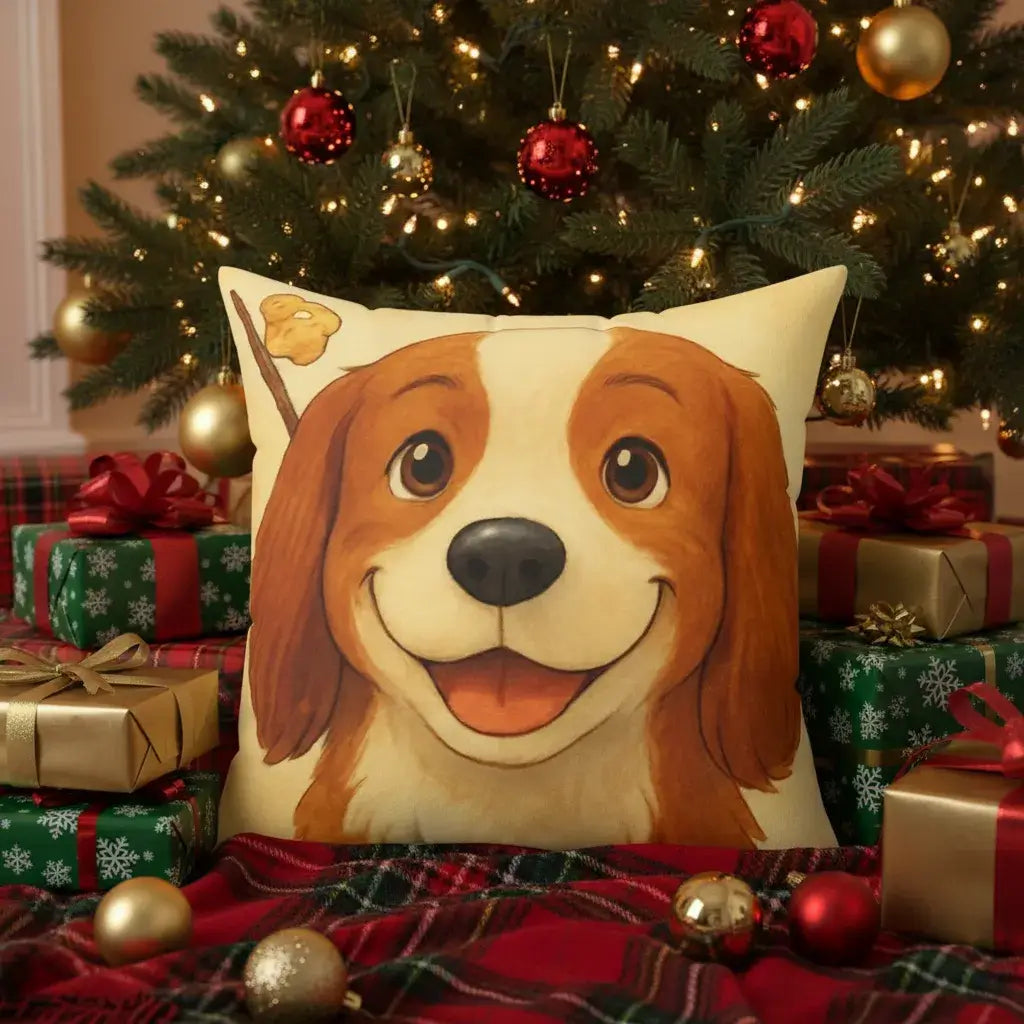 Cartoon Pet Pillow – Custom Illustration from Your Pet’s Photo featuring a happy dog by a Christmas tree.