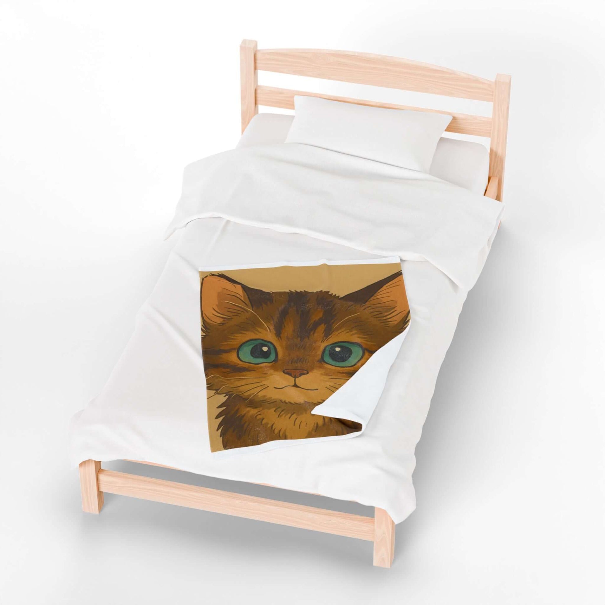 Cartoon Pet Blanket – Custom Plush Throw Featuring Your Pet’s Portrait on a bed with a cartoon cat illustration.