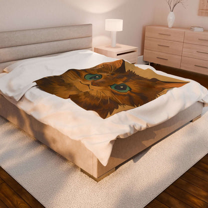 Cartoon Pet Blanket – Custom Plush Throw Featuring Your Pet’s Portrait on a cozy bed with a cat illustration.