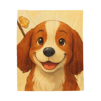 Cartoon Pet Blanket – Custom Plush Throw Featuring Your Pet’s Portrait featuring a happy cartoon dog illustration.