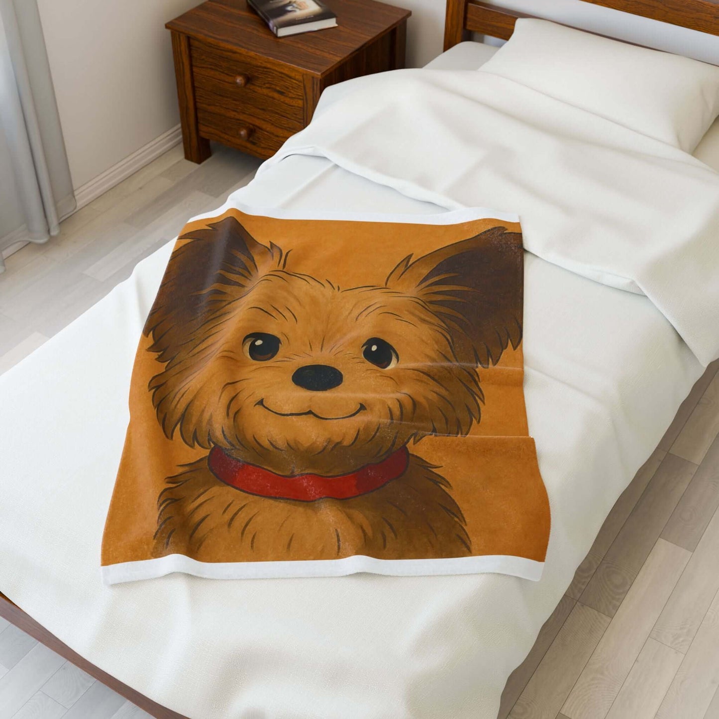 Cartoon Pet Blanket – Custom Plush Throw Featuring Your Pet’s Portrait on a cozy bed with a playful dog illustration.