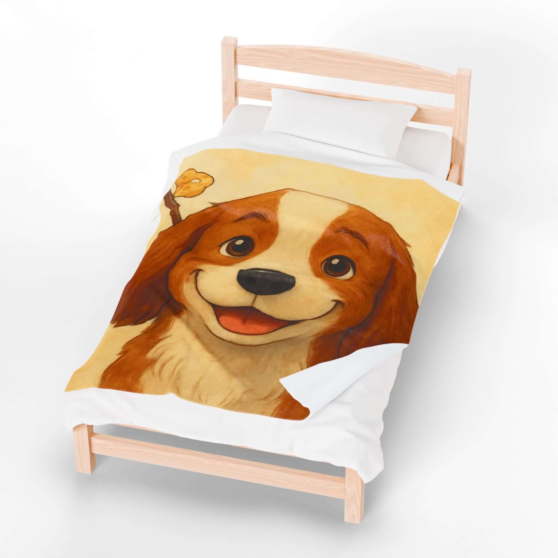 Cartoon Pet Blanket – Custom Plush Throw Featuring Your Pet’s Portrait displayed on a cozy bed with a smiling dog illustration.