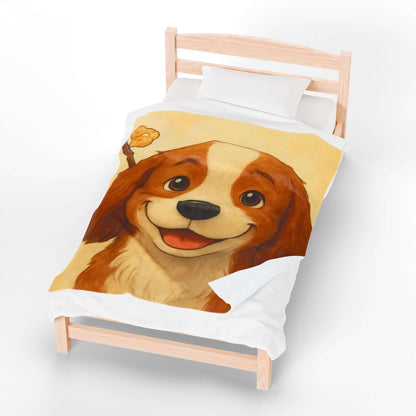 Cartoon Pet Blanket – Custom Plush Throw Featuring Your Pet’s Portrait displayed on a cozy bed with a smiling dog illustration.