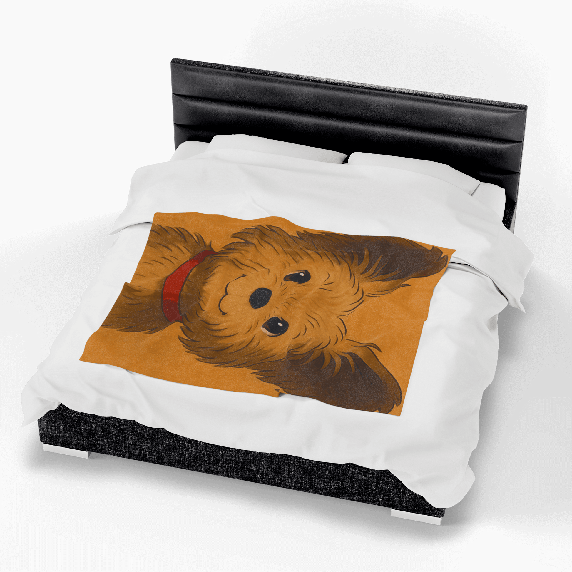 Cartoon Pet Blanket – Custom Plush Throw Featuring Your Pet’s Portrait with cartoon dog pattern on bed.