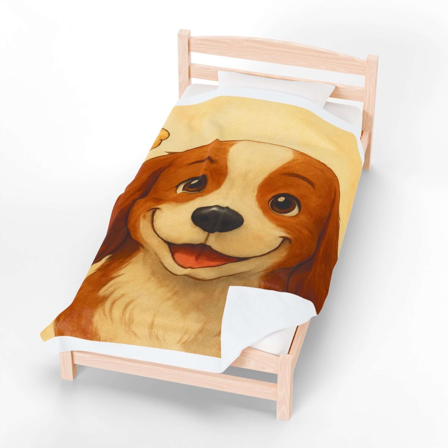 Cartoon Pet Blanket – Custom Plush Throw Featuring Your Pet’s Portrait shown on a bed with a smiling dog illustration.
