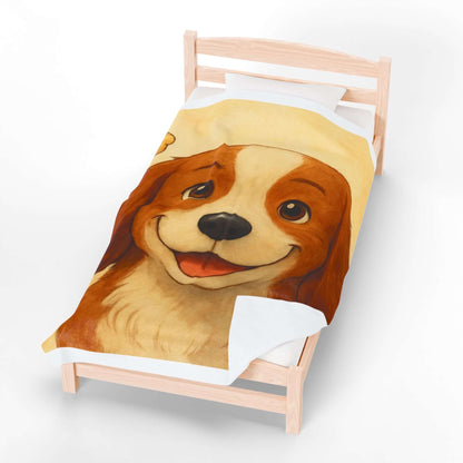 Cartoon Pet Blanket – Custom Plush Throw Featuring Your Pet’s Portrait shown on a bed with a smiling dog illustration.