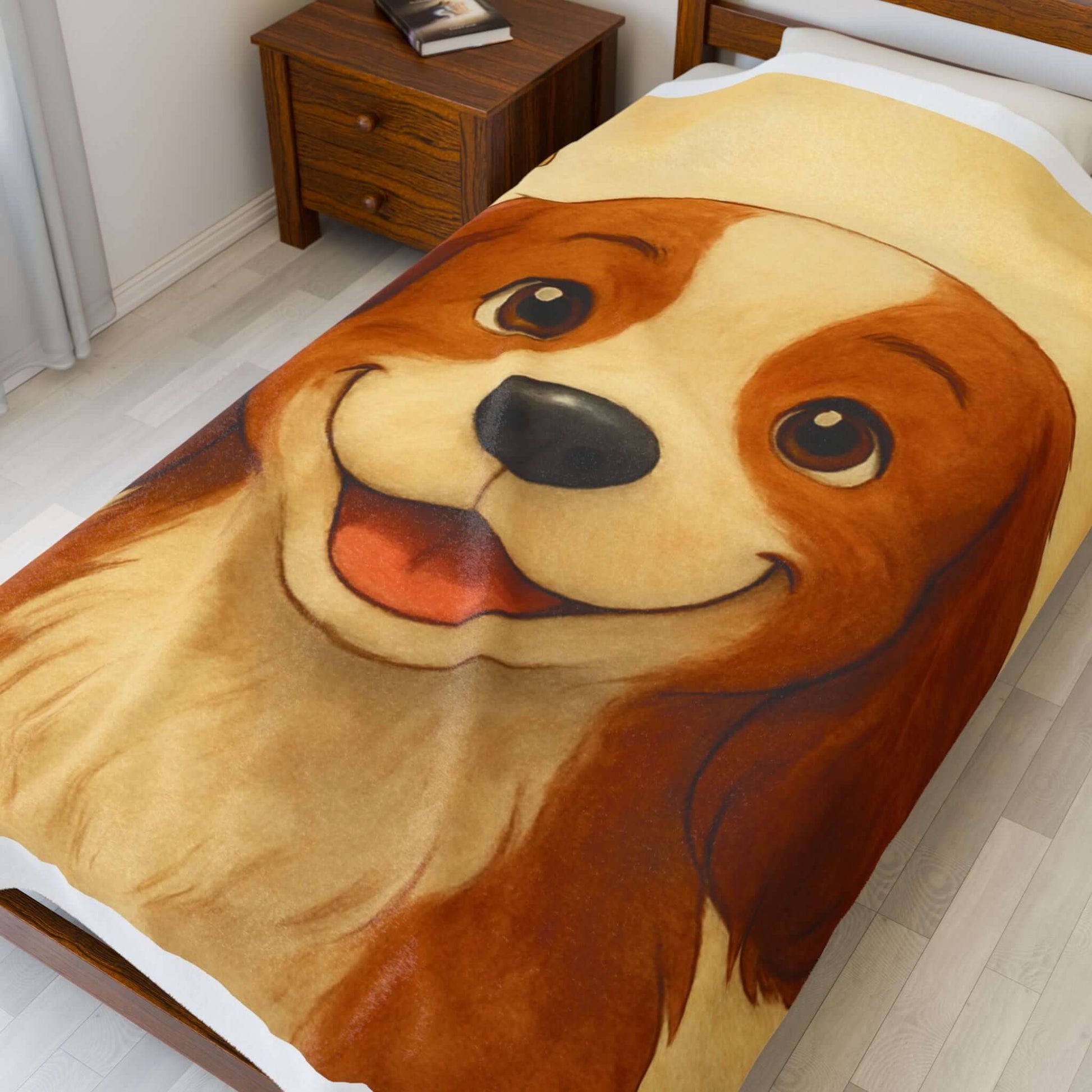 Cartoon Pet Blanket – Custom Plush Throw Featuring Your Pet’s Portrait on a bed with a happy dog illustration.