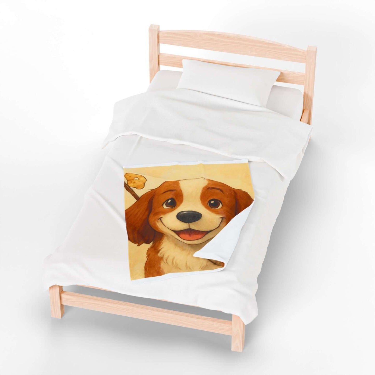 Cartoon Pet Blanket – Custom Plush Throw Featuring Your Pet’s Portrait on a cozy bed with a joyful dog illustration.