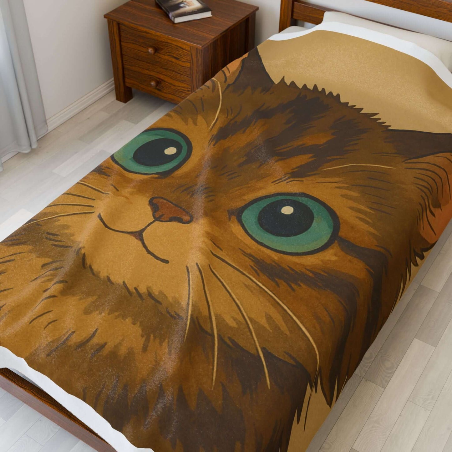 Cartoon Pet Blanket – Custom Plush Throw Featuring Your Pet’s Portrait laid out on a bed with a cute cat illustration.