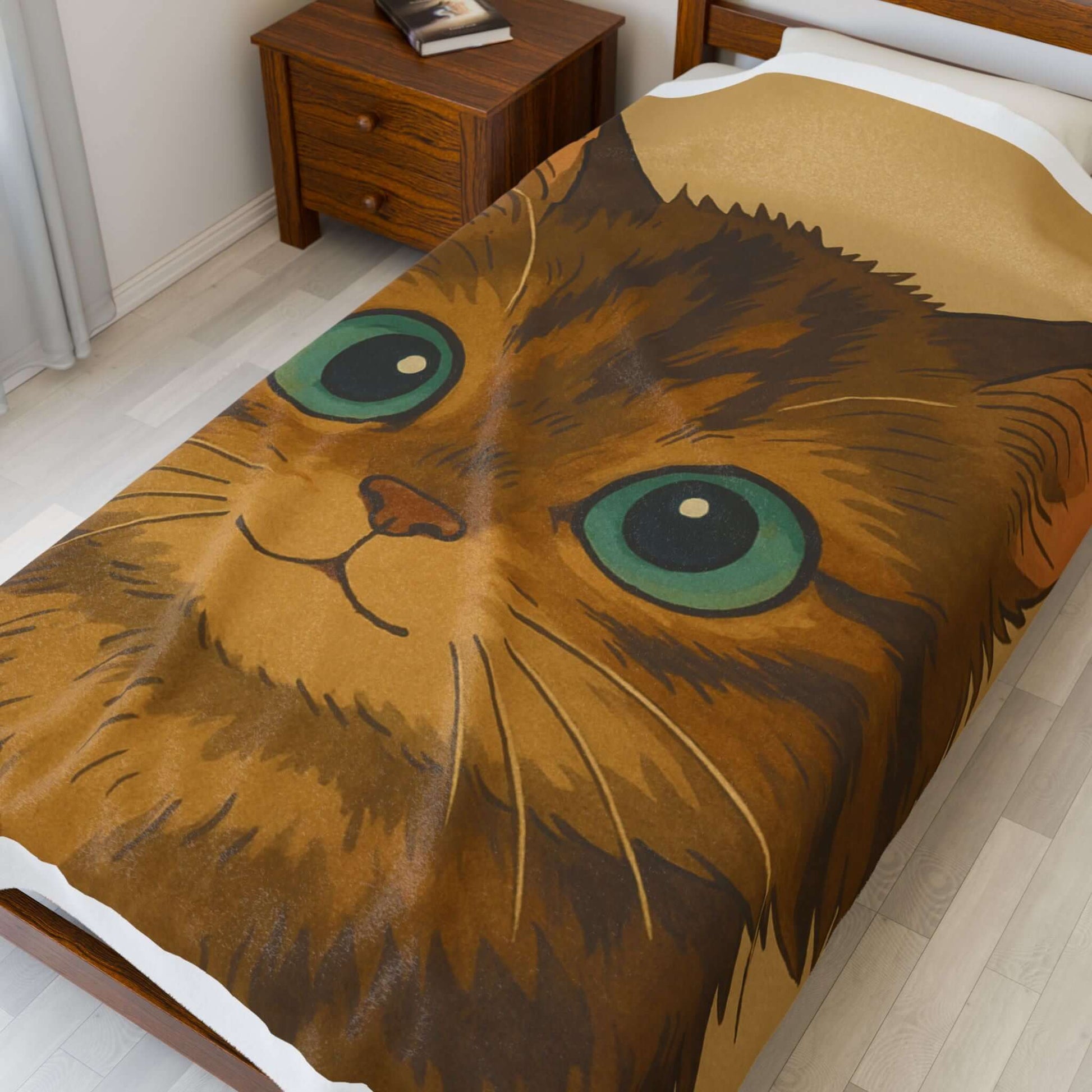 Cartoon Pet Blanket – Custom Plush Throw Featuring Your Pet’s Portrait laid out on a bed with a cute cat illustration.