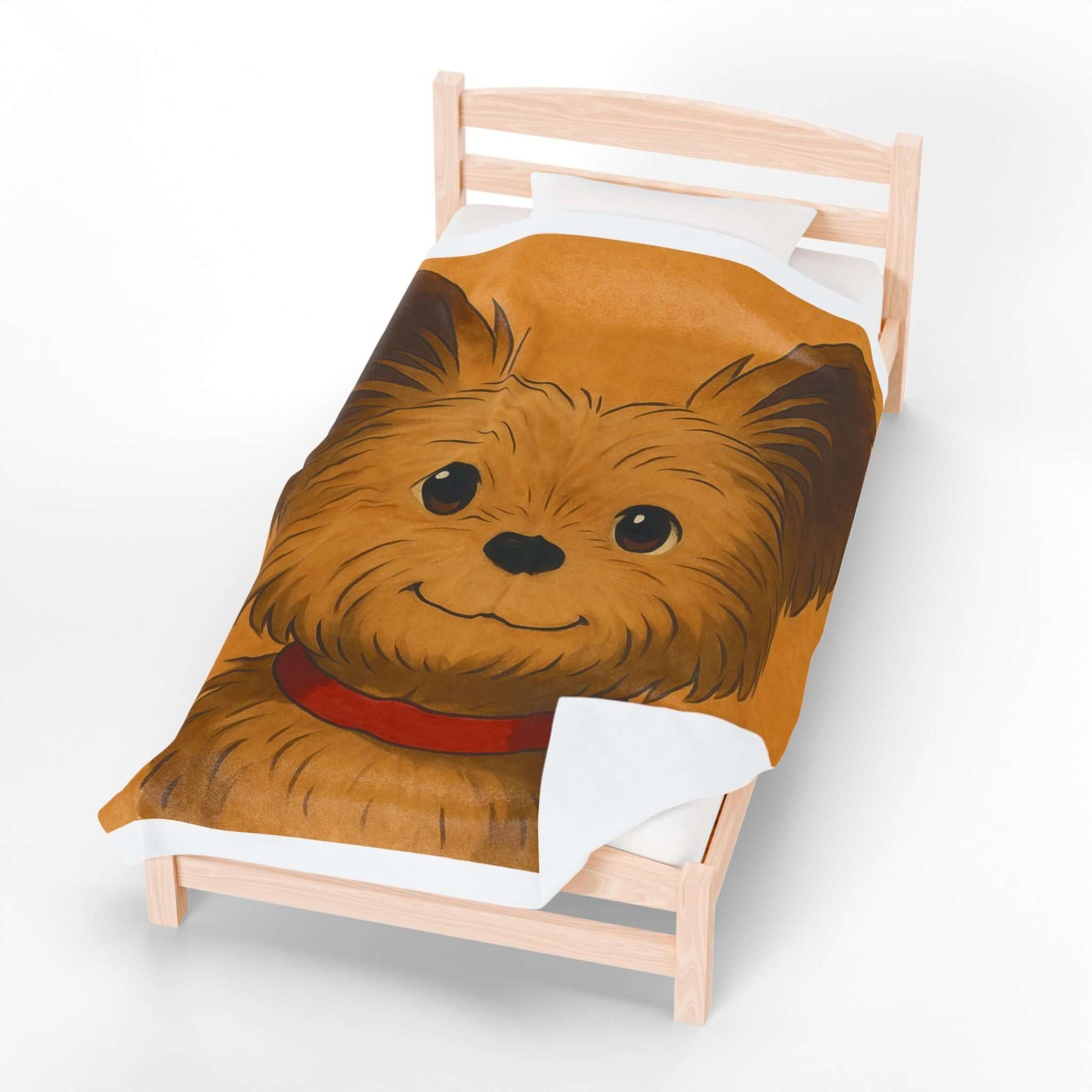 Cartoon Pet Blanket – Custom Plush Throw Featuring Your Pet’s Portrait on a bed with a cute cartoon dog illustration.