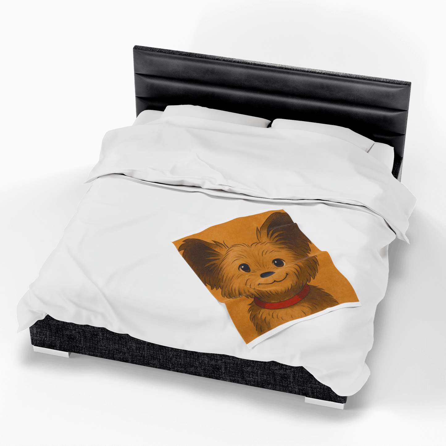 Cartoon Pet Blanket – Custom Plush Throw Featuring Your Pet’s Portrait on a cozy bed with a cute dog illustration.