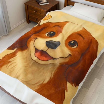 Cartoon Pet Blanket – Custom Plush Throw Featuring Your Pet’s Portrait on a soft velveteen throw with a happy dog illustration.
