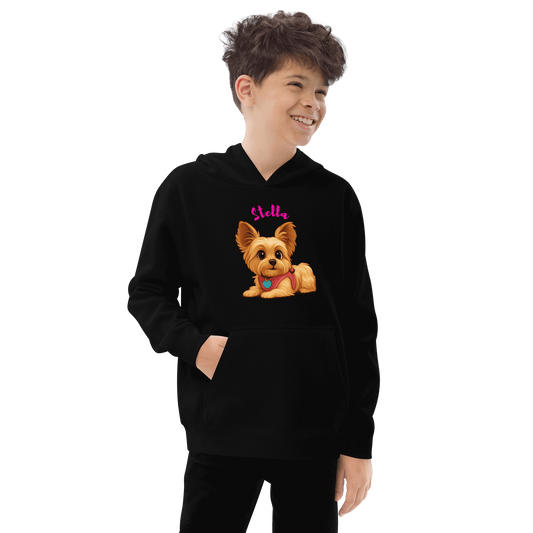 Cartoon Pet Hoodie for Kids – Custom Gift for All Seasons featuring a boy wearing a black hoodie with a cartoon dog design.