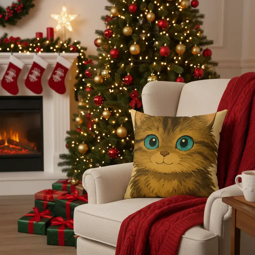 Cartoon Pet Pillow – Custom Illustration from Your Pet’s Photo featuring a whimsical cat design in a cozy holiday setting.