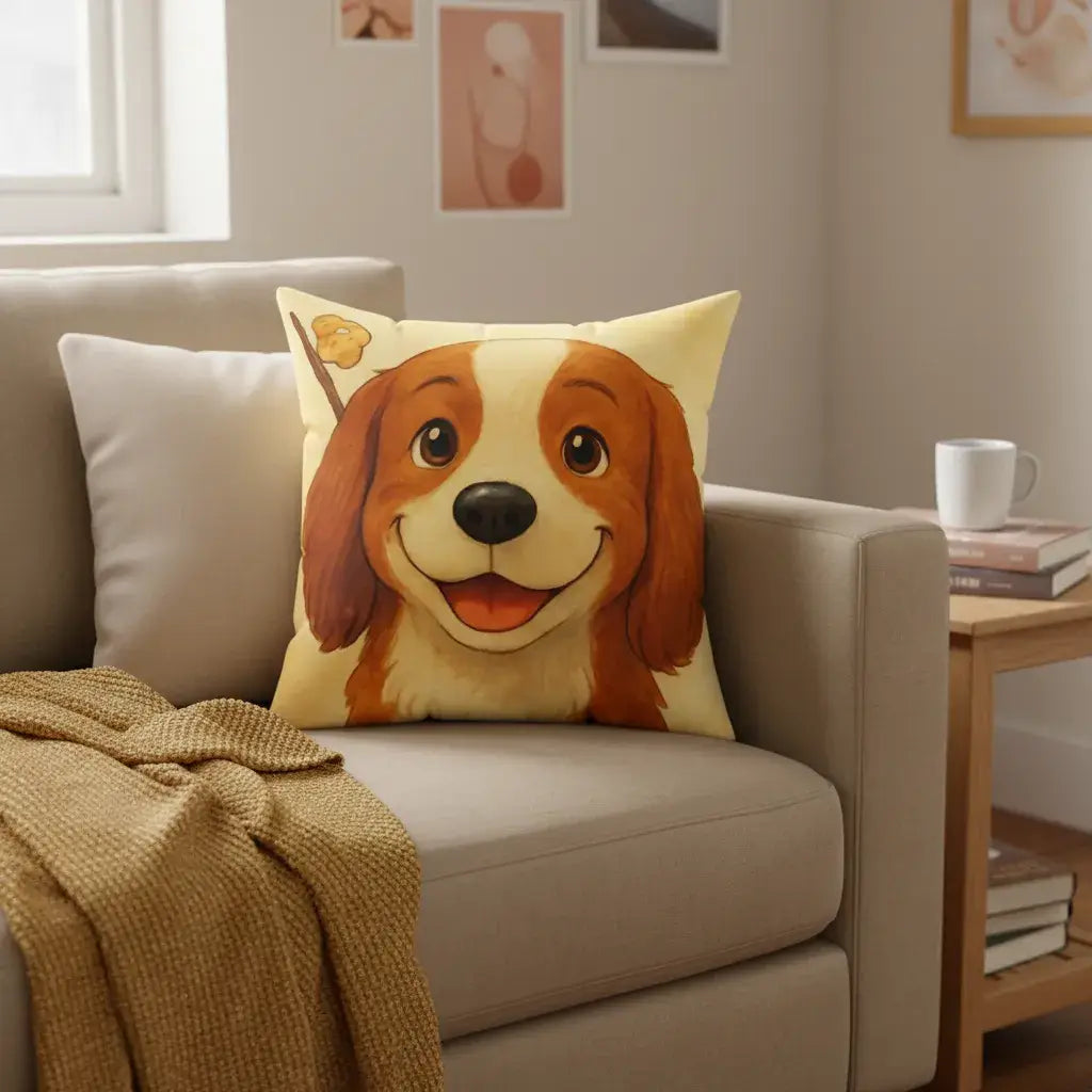 Cartoon Pet Pillow – Custom Illustration from Your Pet’s Photo featuring a joyful dog illustration on a cozy couch.