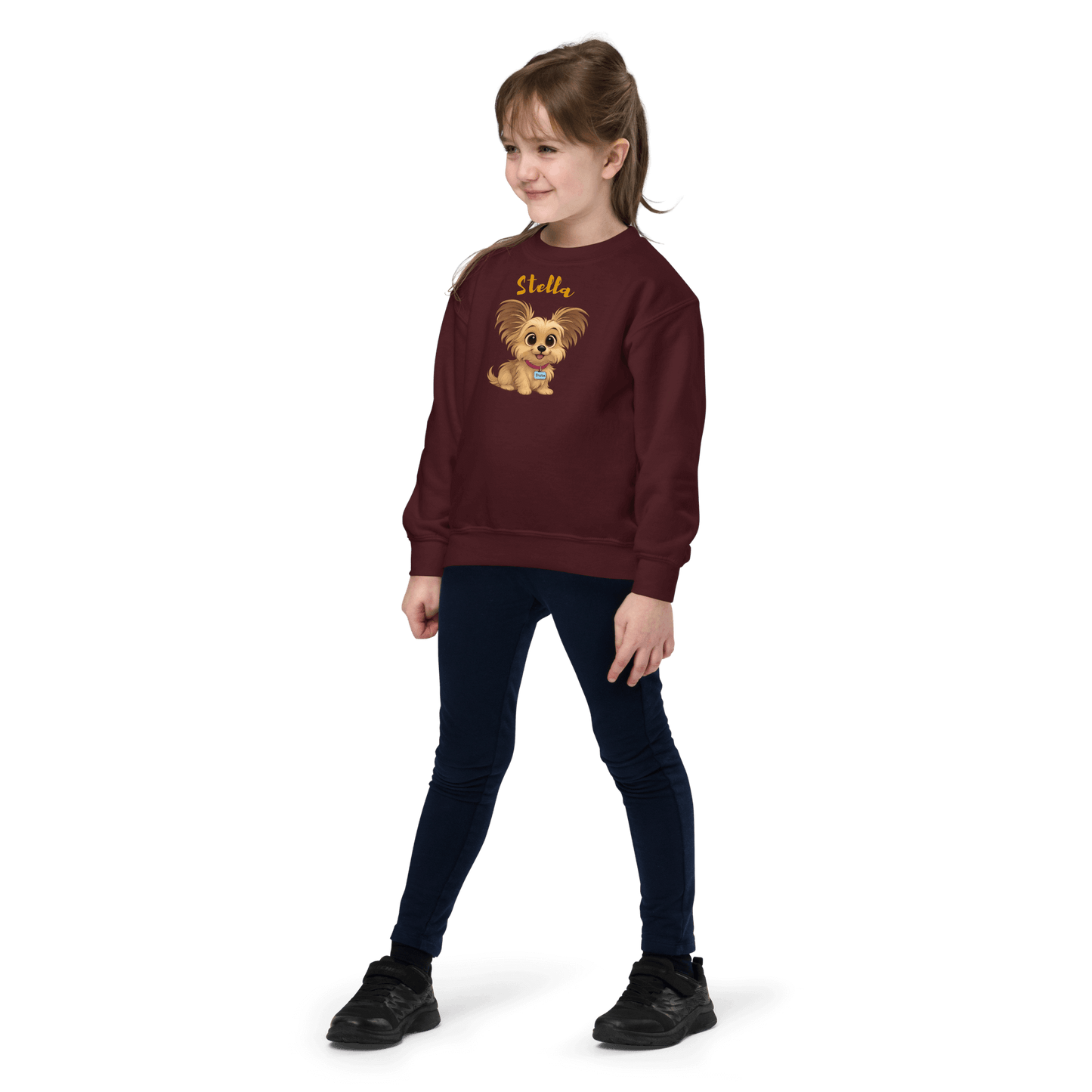 Cartoon Pet Sweatshirt for Kids – Custom Gift for All Seasons, featuring a girl wearing a burgundy sweatshirt with a cartoon pet design.