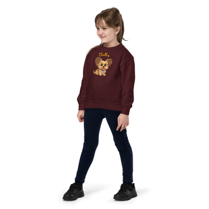 Cartoon Pet Sweatshirt for Kids – Custom Gift for All Seasons, featuring a girl wearing a burgundy sweatshirt with a cartoon pet design.