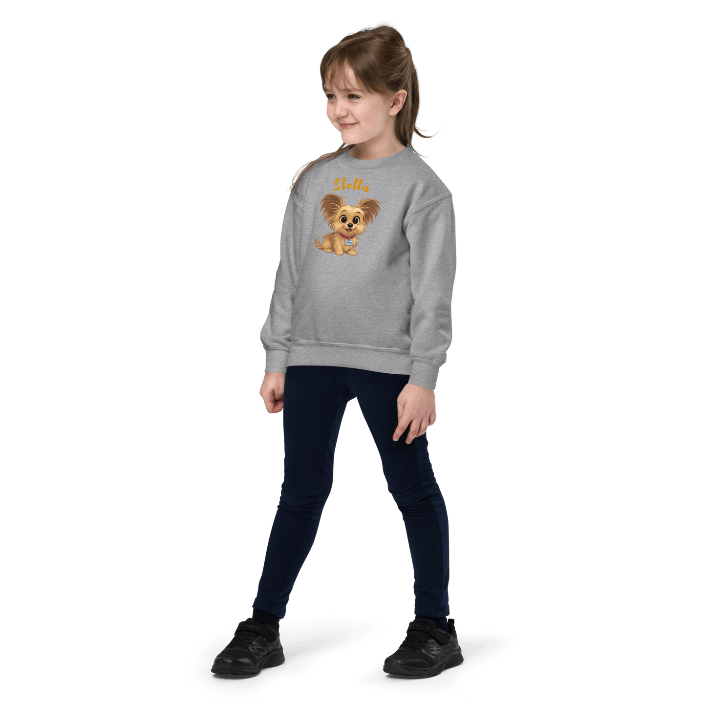 Cartoon Pet Sweatshirt for Kids – Custom Gift for All Seasons on a young girl, featuring a cute pet design and cozy fit.