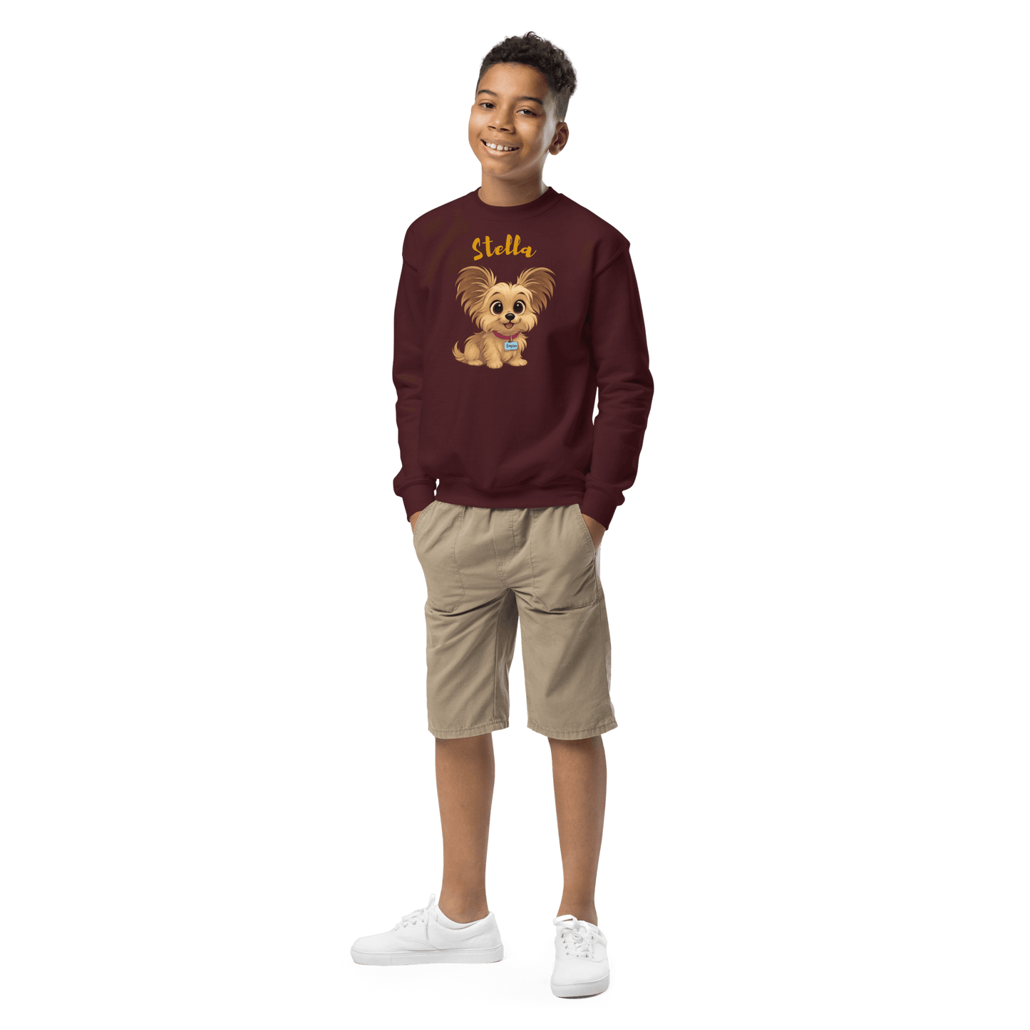 Cartoon Pet Sweatshirt for Kids – Custom Gift for All Seasons featuring a boy in a maroon sweatshirt with a cute dog design.