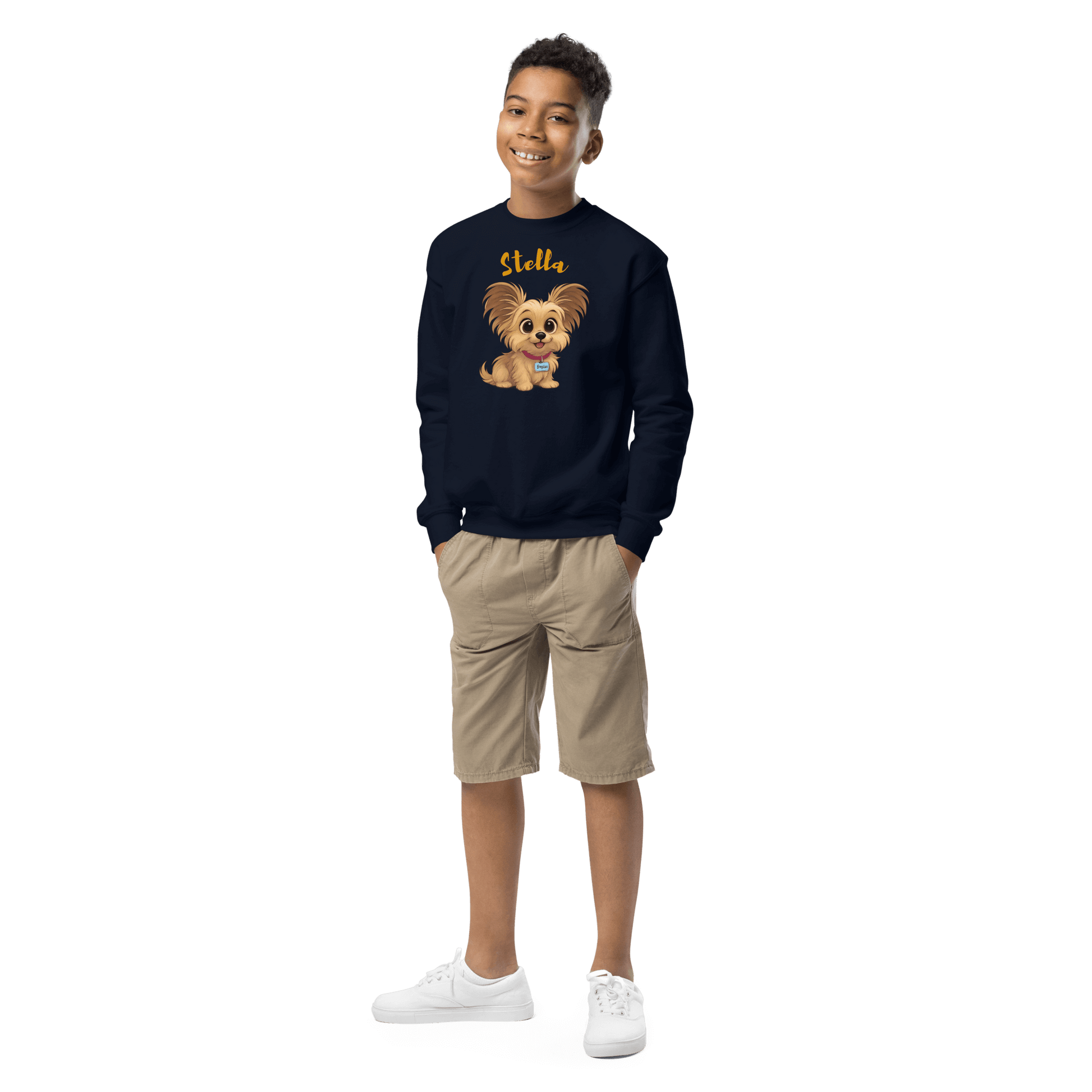 Cartoon Pet Sweatshirt for Kids – Custom Gift for All Seasons worn by a smiling boy, featuring a cute dog design.