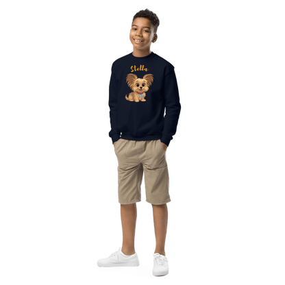 Cartoon Pet Sweatshirt for Kids – Custom Gift for All Seasons worn by a smiling boy, featuring a cute dog design.
