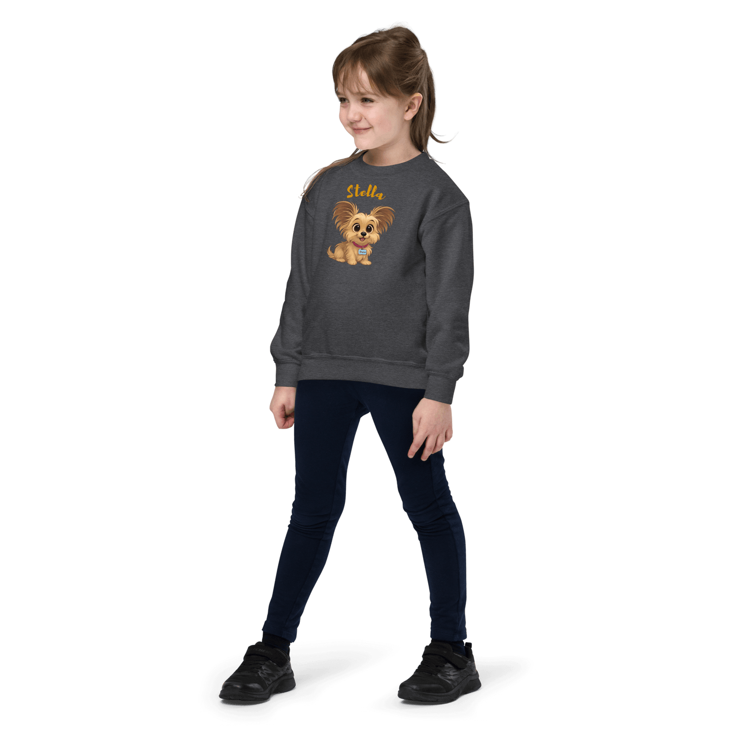 Cartoon Pet Sweatshirt for Kids – Custom Gift for All Seasons worn by a girl smiling while standing.