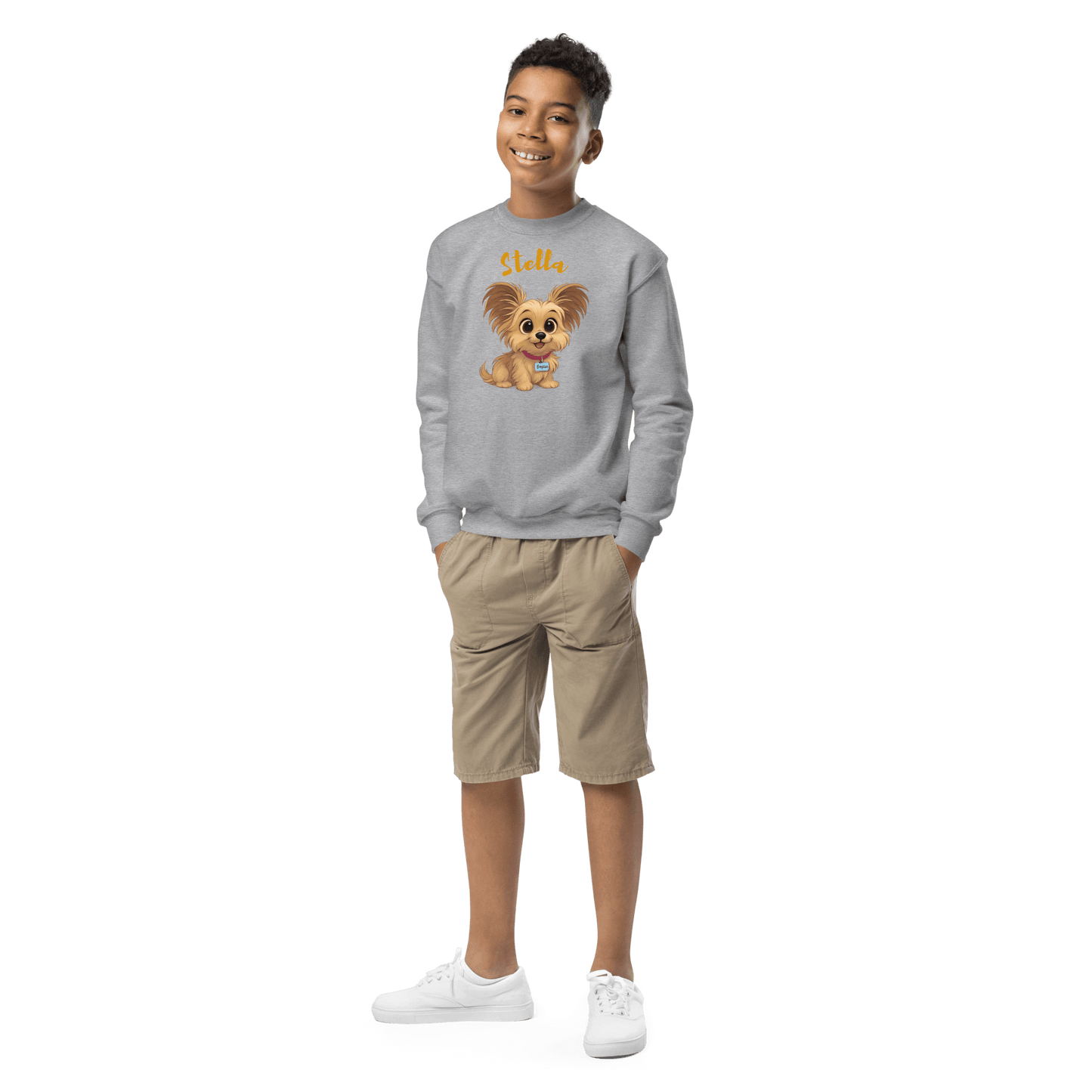 Cartoon Pet Sweatshirt for Kids – Custom Gift for All Seasons worn by a boy with a cute dog graphic.