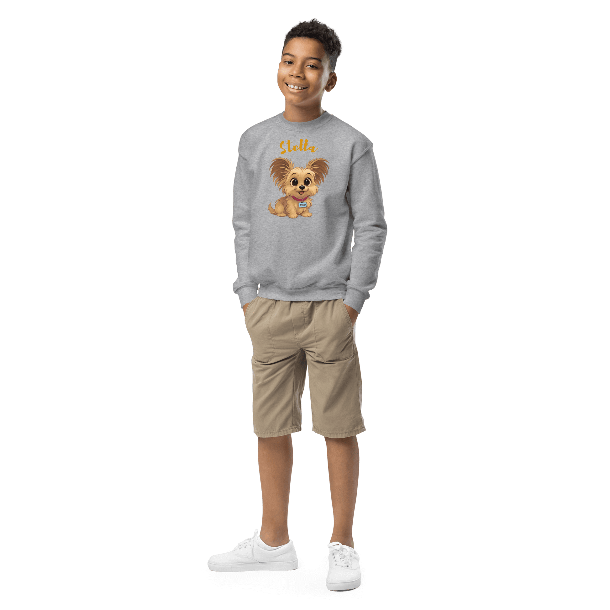 Cartoon Pet Sweatshirt for Kids – Custom Gift for All Seasons worn by a boy with a cute dog graphic.