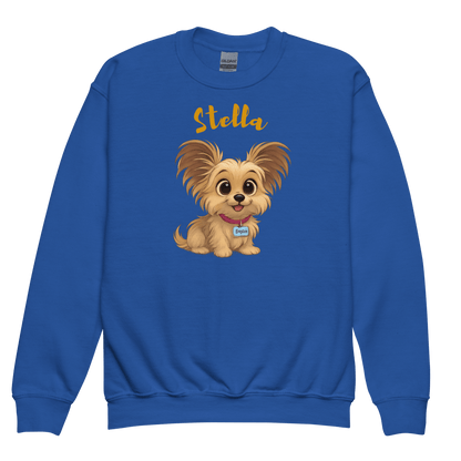 Cartoon Pet Sweatshirt for Kids – Custom Gift for All Seasons featuring a cute illustrated dog named Stella.