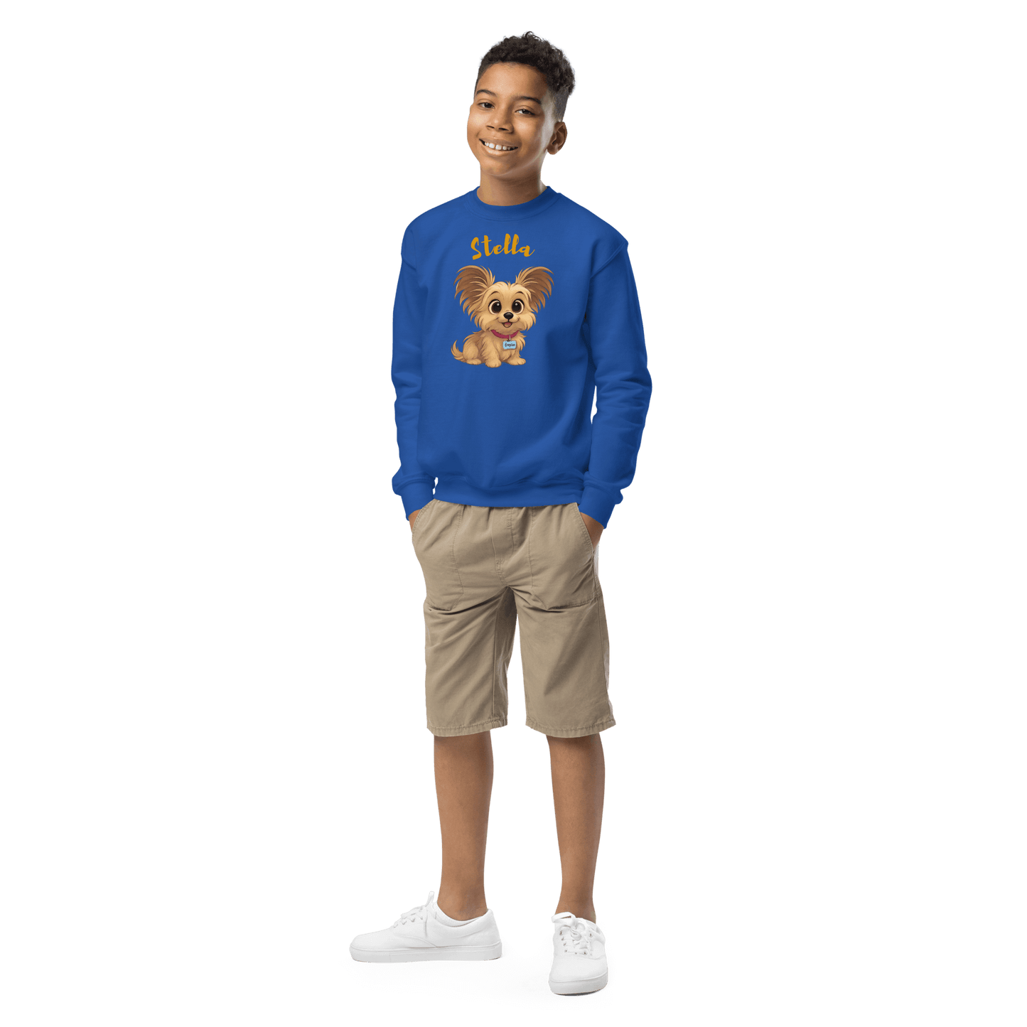 Boy wearing a Cartoon Pet Sweatshirt for Kids – Custom Gift for All Seasons featuring a cute dog design.