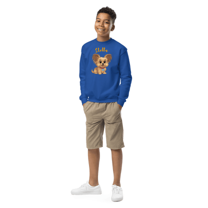 Boy wearing a Cartoon Pet Sweatshirt for Kids – Custom Gift for All Seasons featuring a cute dog design.