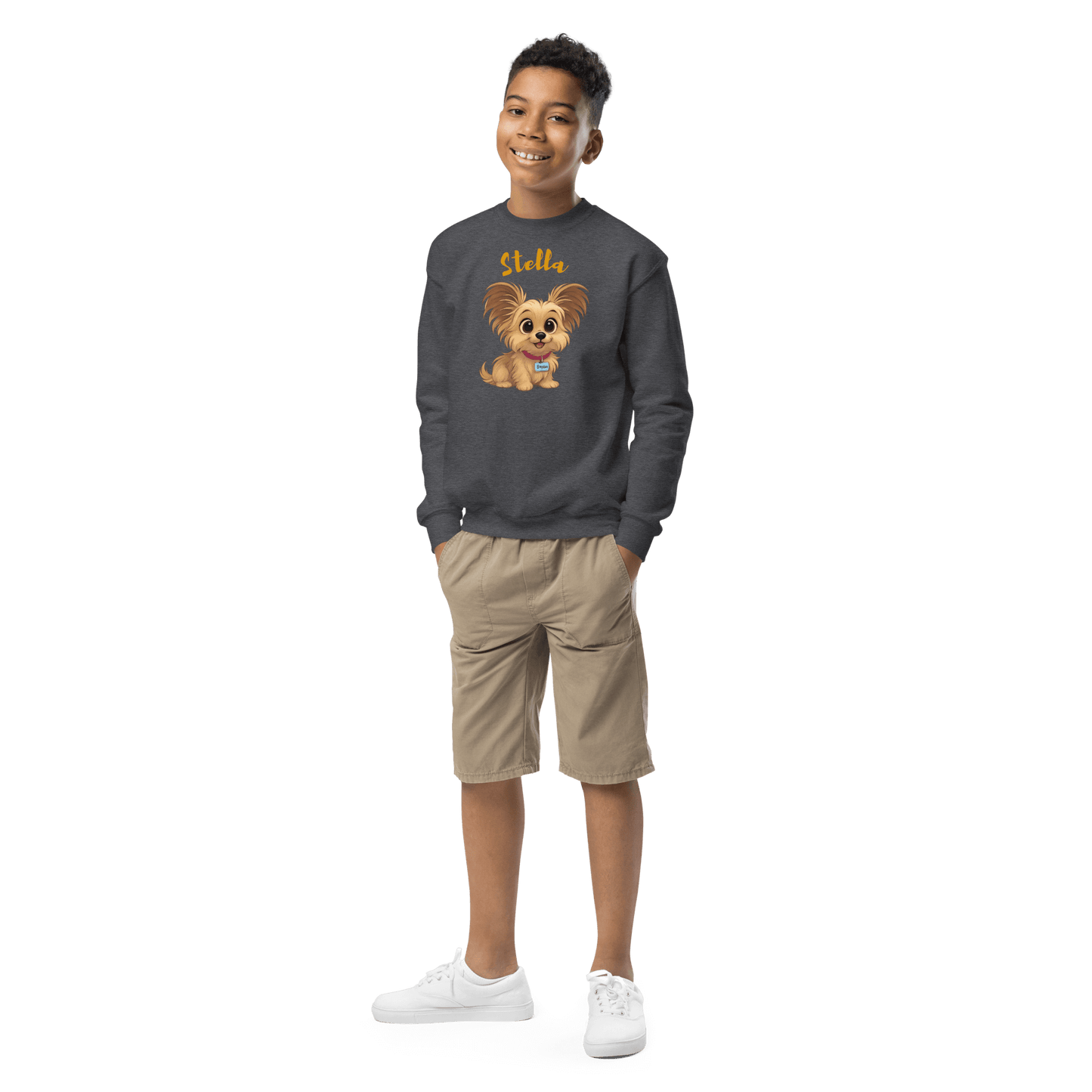 Cartoon Pet Sweatshirt for Kids – Custom Gift for All Seasons, featuring a boy wearing a cute cartoon dog design.