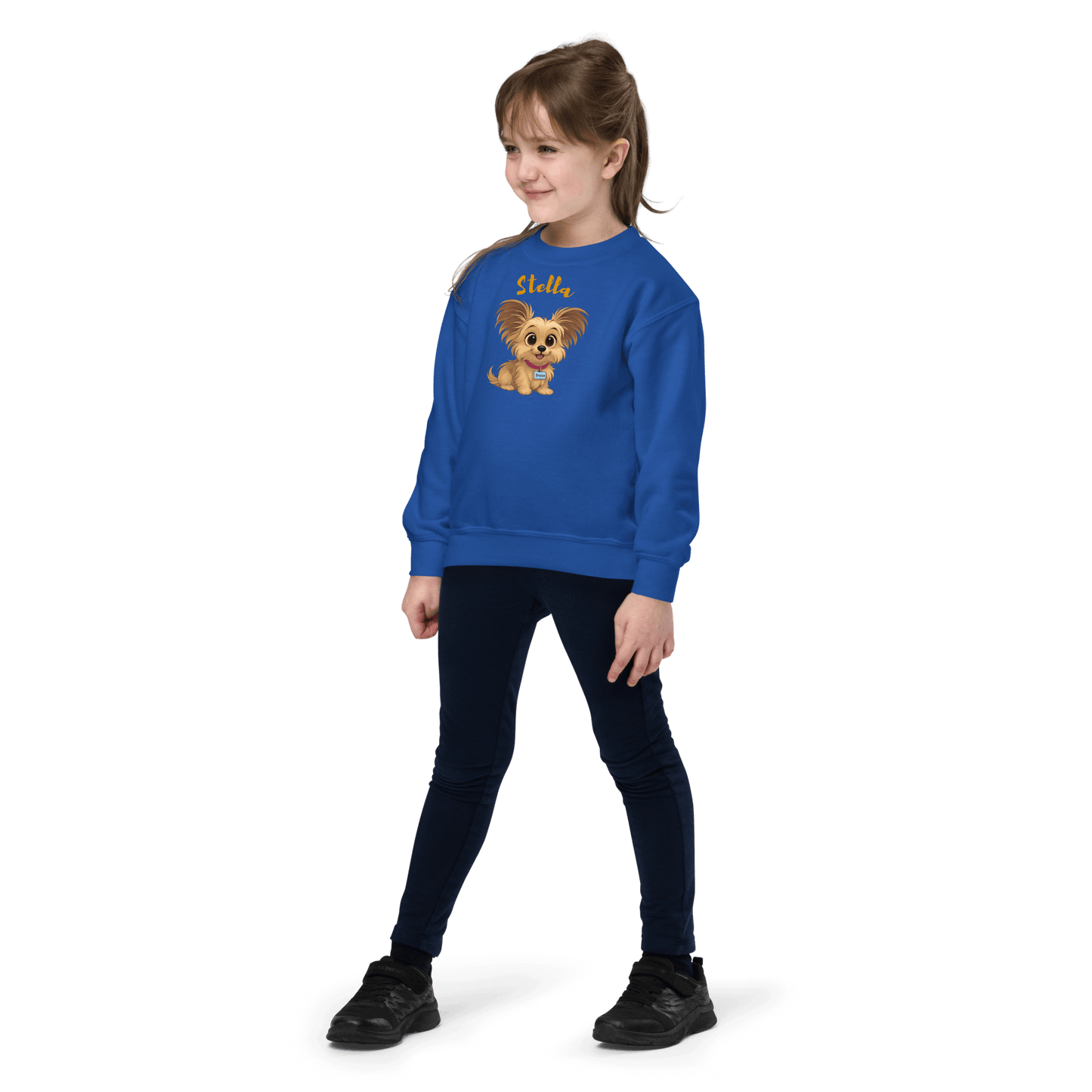 Cartoon Pet Sweatshirt for Kids – Custom Gift for All Seasons on a girl wearing a blue sweatshirt with a cute pet design.