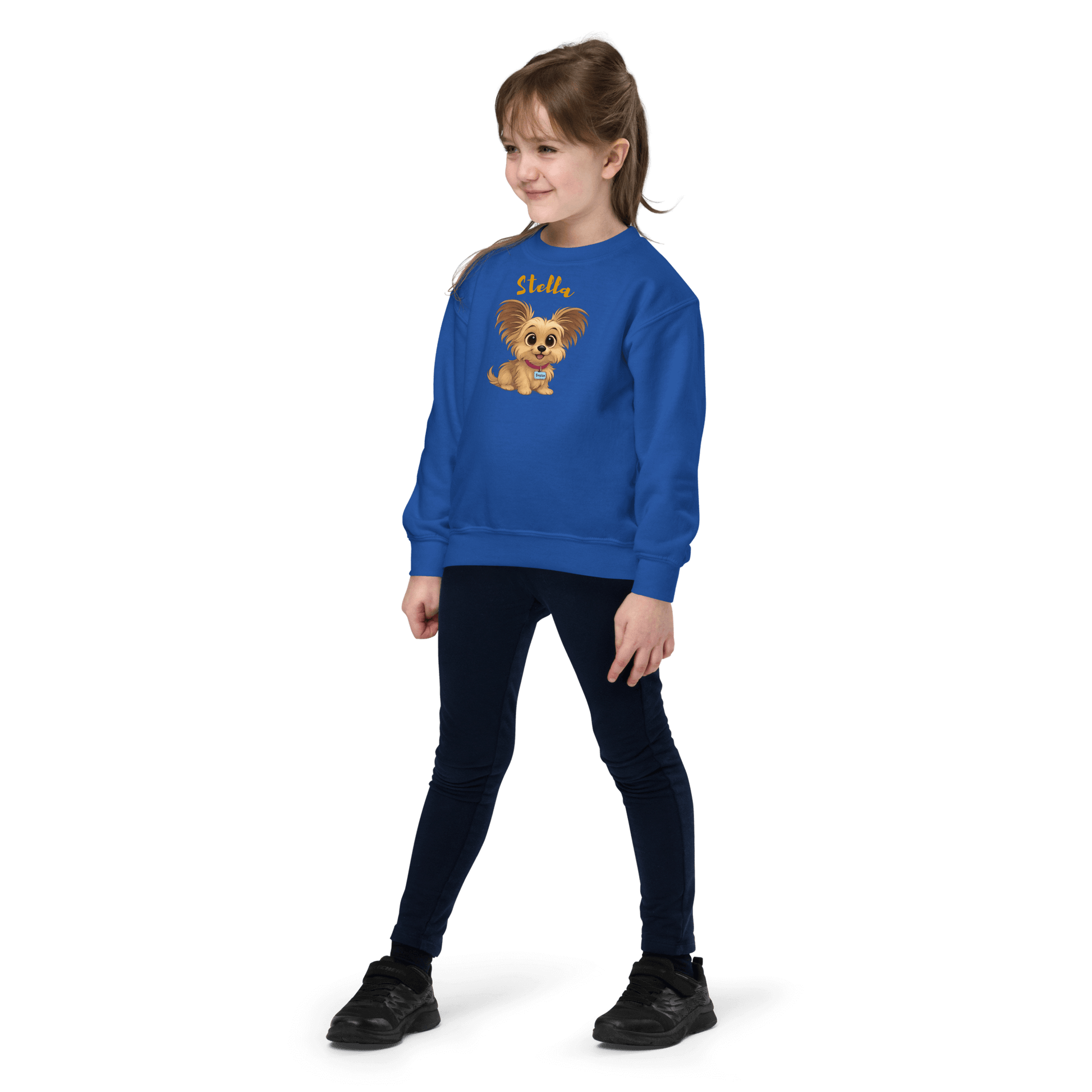 Cartoon Pet Sweatshirt for Kids – Custom Gift for All Seasons on a girl wearing a blue sweatshirt with a cute pet design.