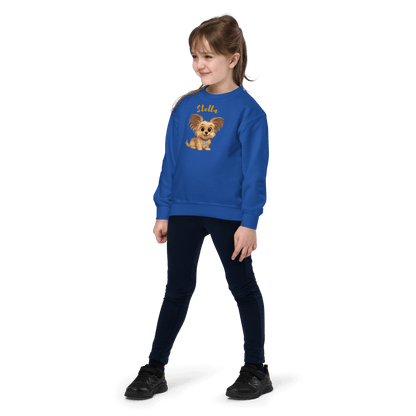 Cartoon Pet Sweatshirt for Kids – Custom Gift for All Seasons on a girl wearing a blue sweatshirt with a cute pet design.