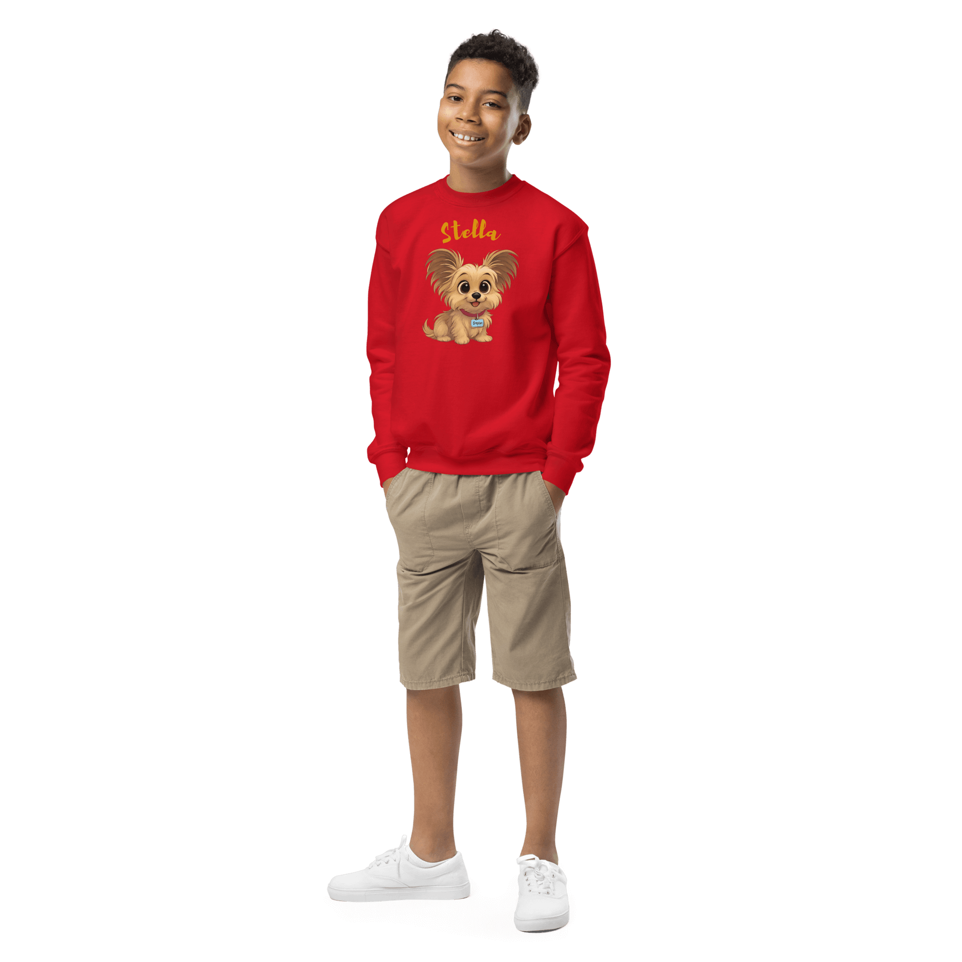 Cartoon Pet Sweatshirt for Kids – Custom Gift for All Seasons, boy wearing red sweatshirt with cartoon dog design.