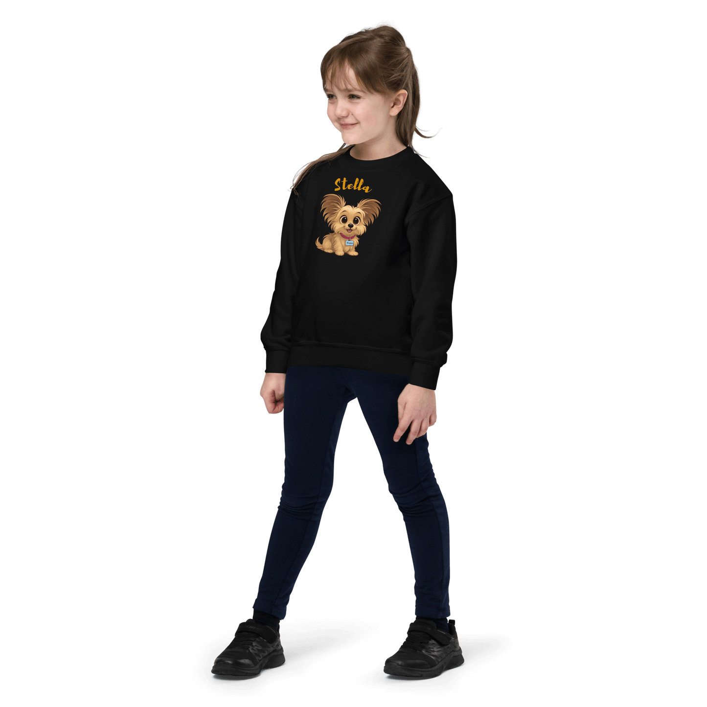 Cartoon Pet Sweatshirt for Kids – Custom Gift for All Seasons featuring a girl in a cozy sweatshirt with a cartoon dog design.