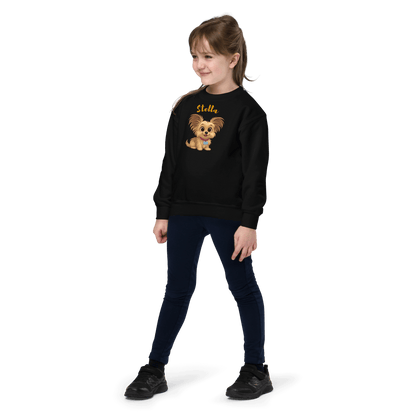 Cartoon Pet Sweatshirt for Kids – Custom Gift for All Seasons featuring a girl in a cozy sweatshirt with a cartoon dog design.