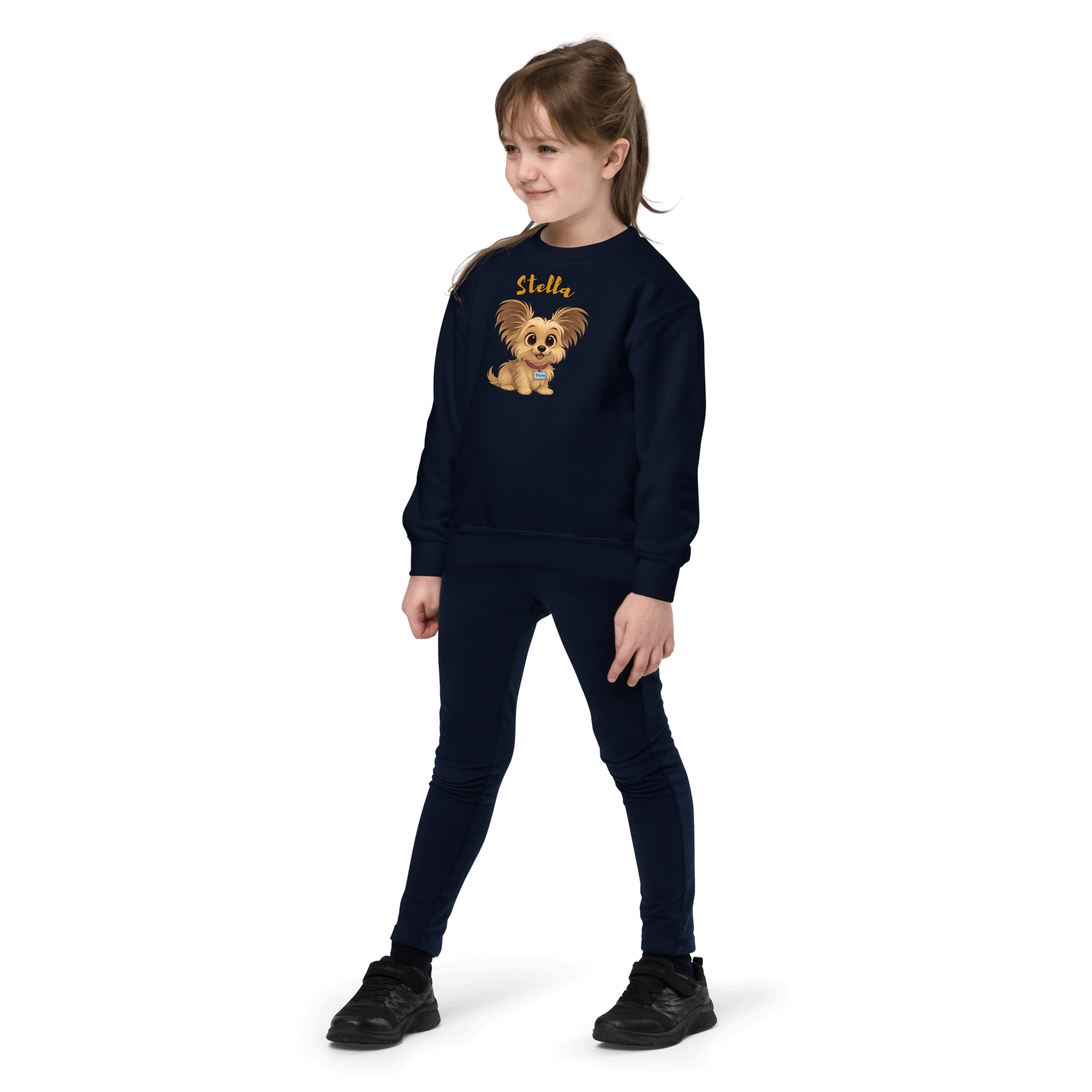 Cartoon Pet Sweatshirt for Kids – Custom Gift for All Seasons, featuring a girl in a navy crewneck sweatshirt with a cartoon dog.