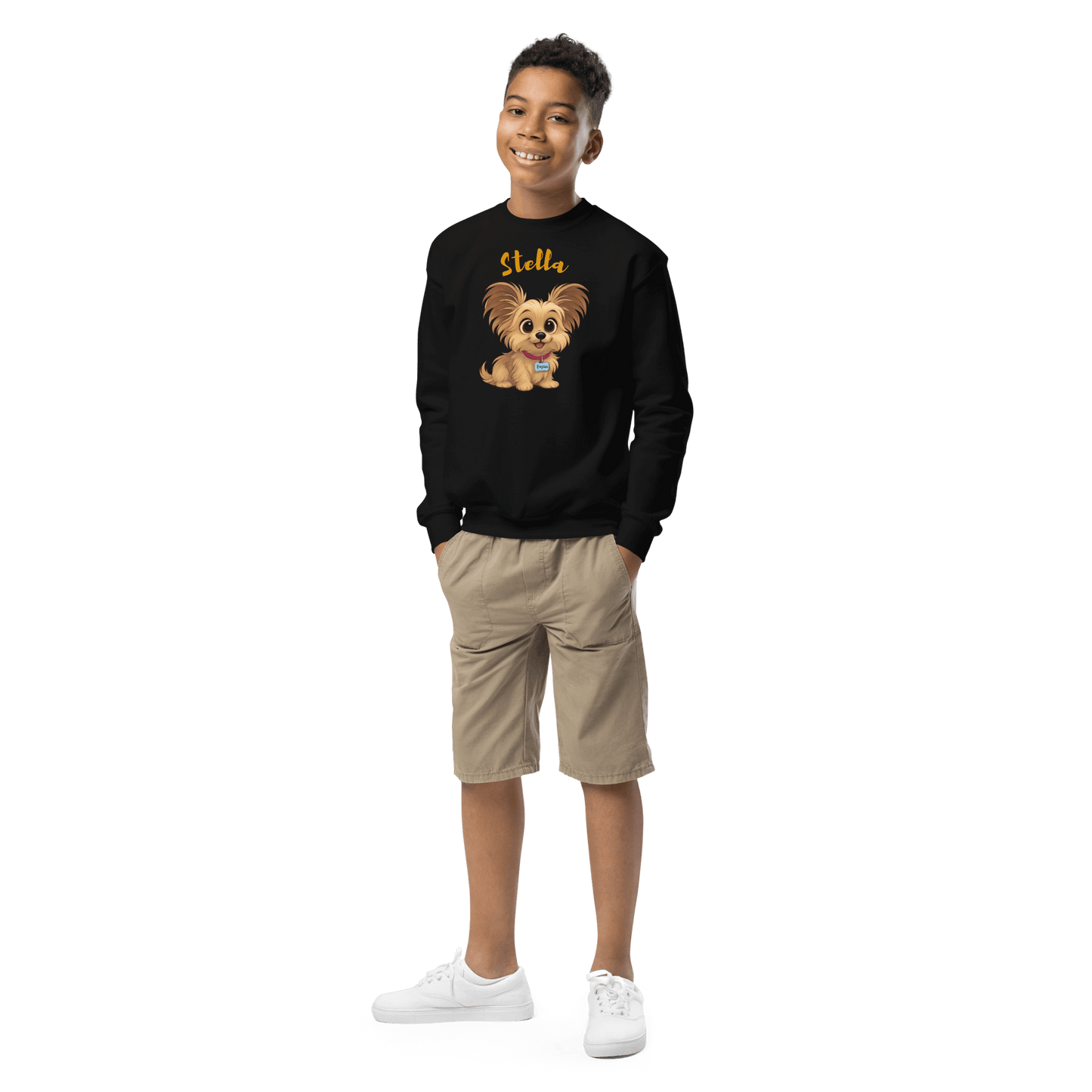 Cartoon Pet Sweatshirt for Kids – Custom Gift for All Seasons featuring a boy wearing a black sweatshirt with a cartoon dog.