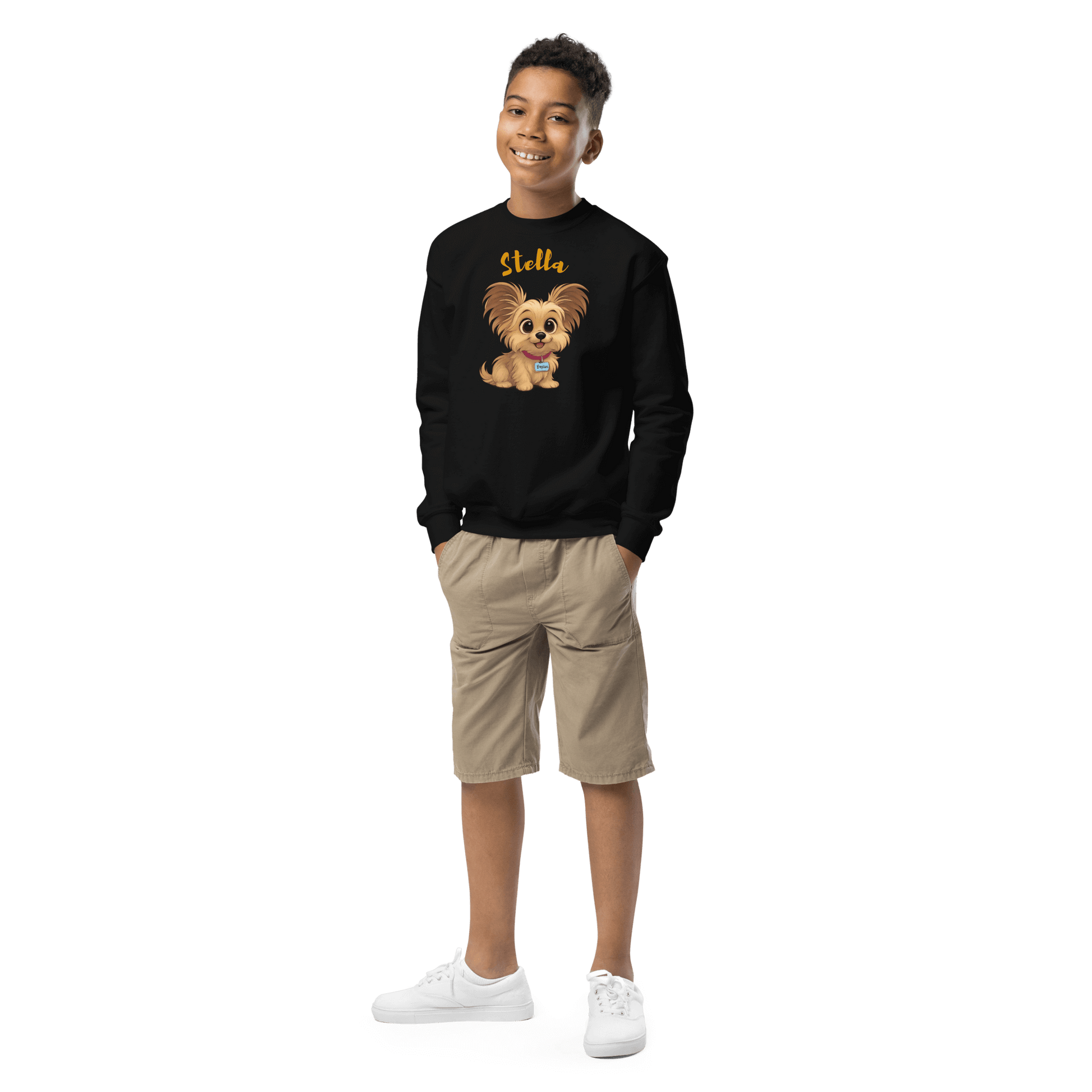 Cartoon Pet Sweatshirt for Kids – Custom Gift for All Seasons featuring a boy wearing a black sweatshirt with a cartoon dog.