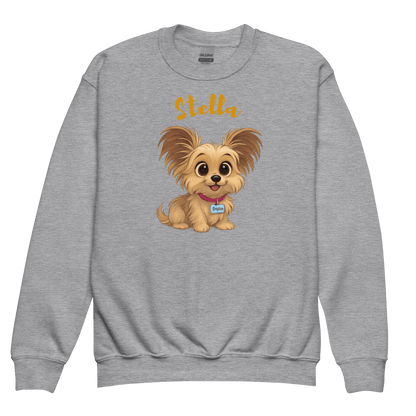 Cartoon Pet Sweatshirt for Kids – Custom Gift for All Seasons featuring a cute dog illustration and 'Stella' text.