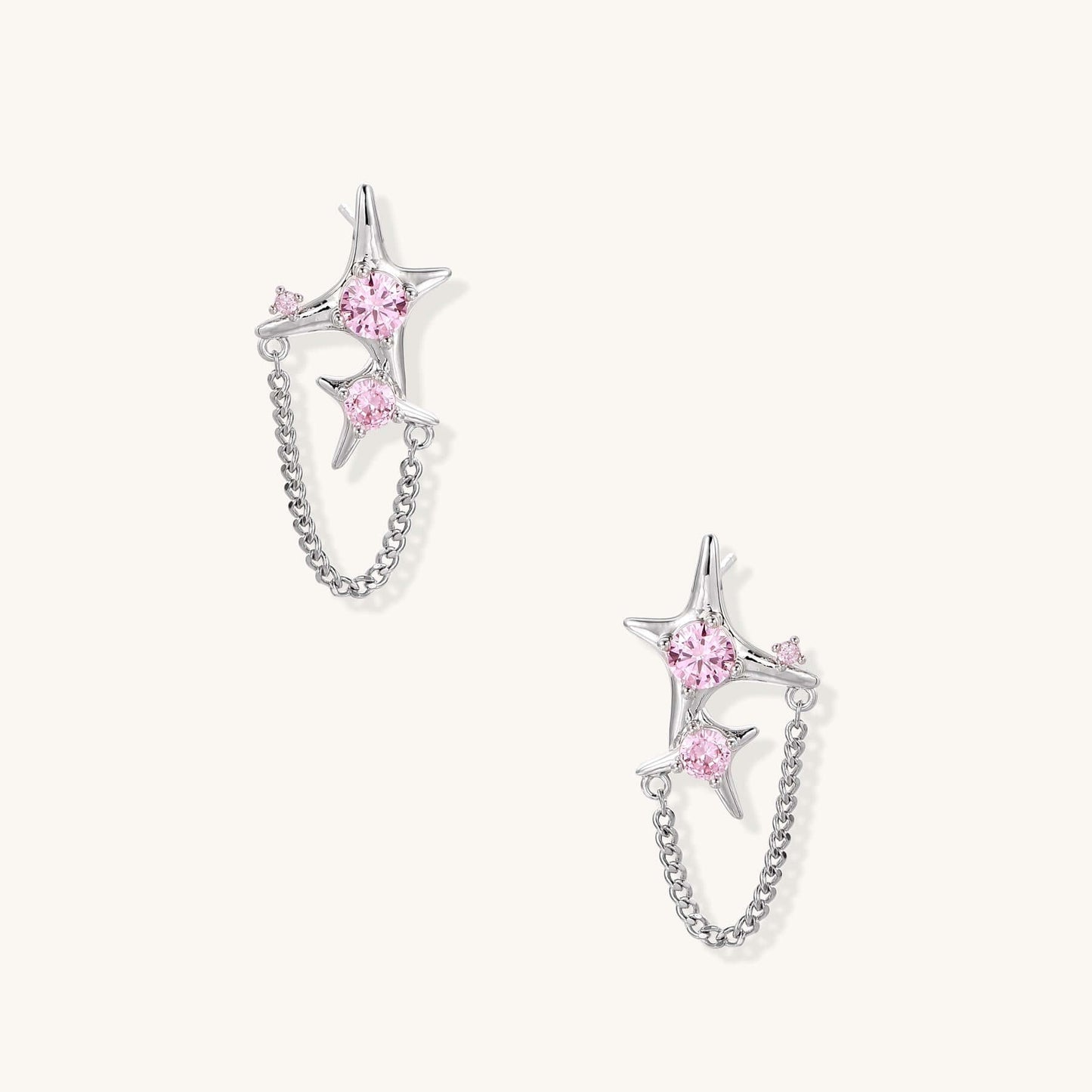 Celestial Chain Drop Earrings with Pink Zirconia and Star Charms showcasing pink zirconia stars and delicate chains.