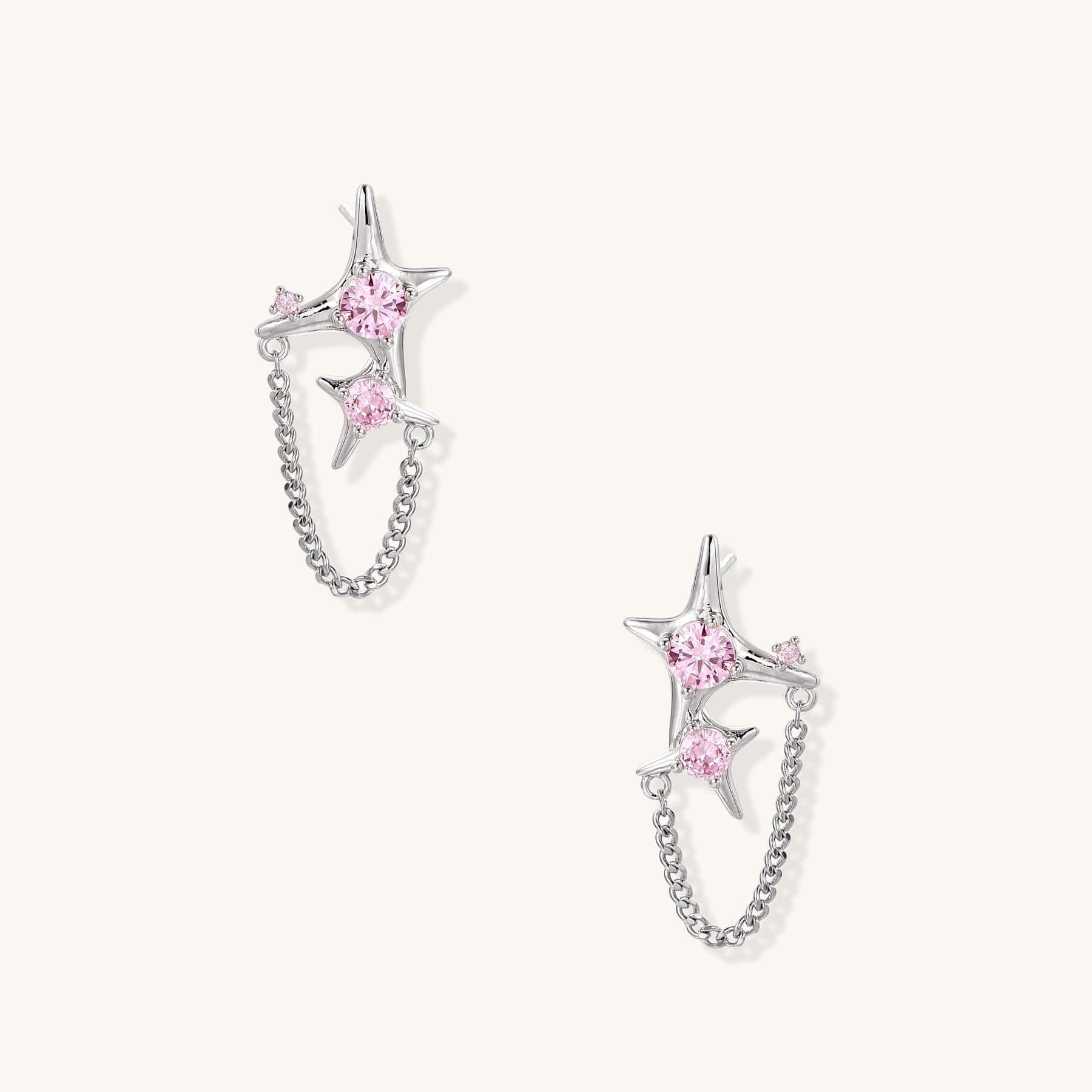 Celestial Chain Drop Earrings with Pink Zirconia and Star Charms showcasing pink zirconia stars and delicate chains.