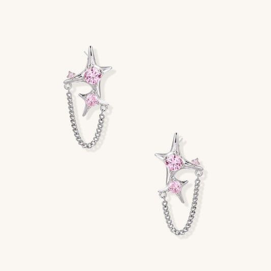 Celestial Chain Drop Earrings with Pink Zirconia and Star Charms showcasing pink zirconia stars and delicate chains.