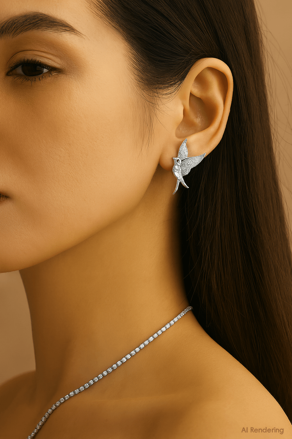 Celestial Hummingbird Earrings with Crystal Wings and Gold Shine worn by model showcasing elegance and shimmering details.