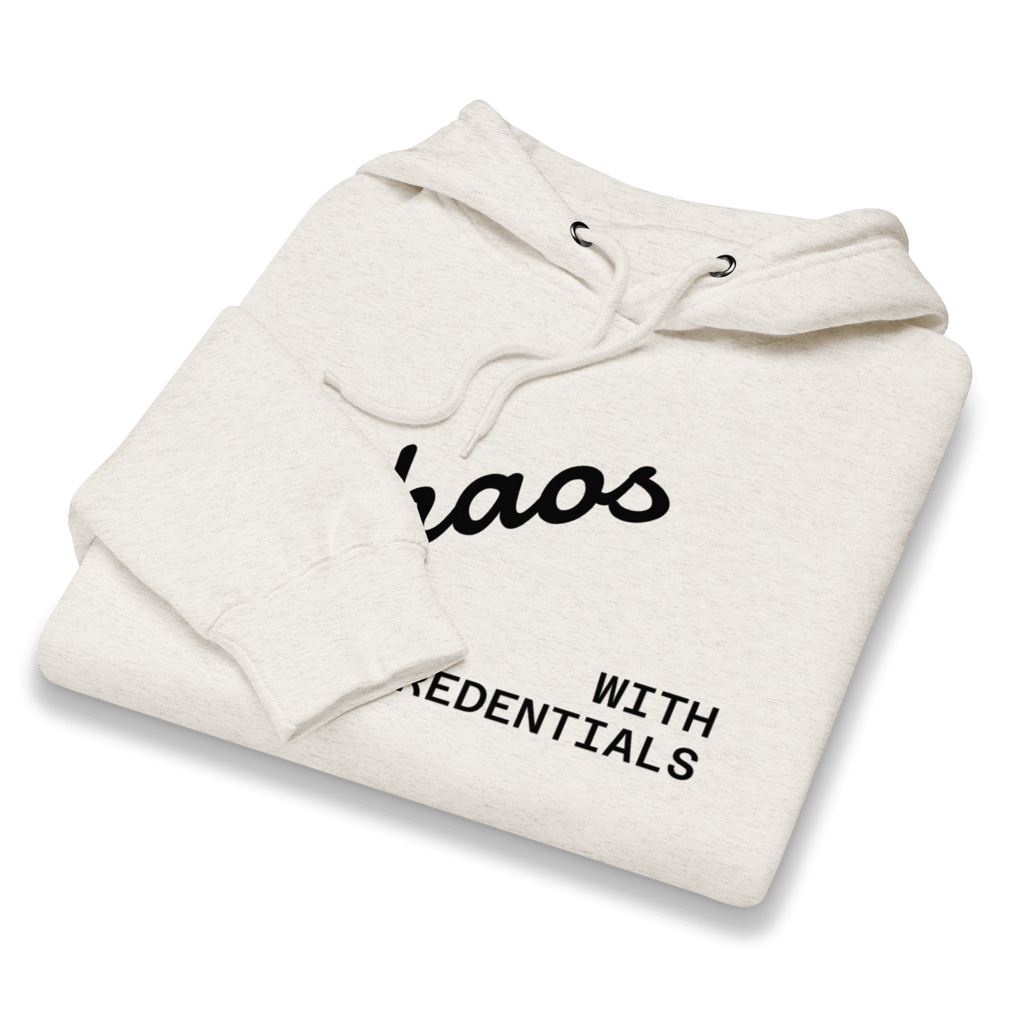 Affirmation Arc Hoodie – Custom Mantra & Value showcasing the hoodie design with the phrase 'chaos WITH CREDENTIALS'.